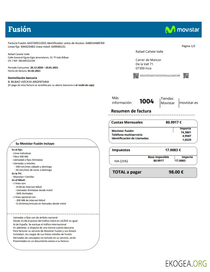 Spain Movistar Fusion telecom operator utility bill document in Word and PDF format